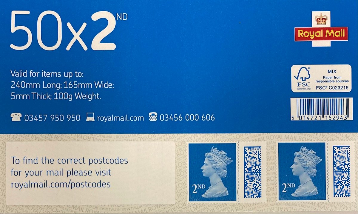 50 x 2nd Class BLUE Self Adhesive Stamps QR Coded BLUE STAMP